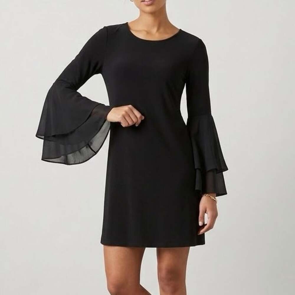 Catherine Malandrino Black Bell Sleeve Shift Dress Chiffon Statement Mini LBD L